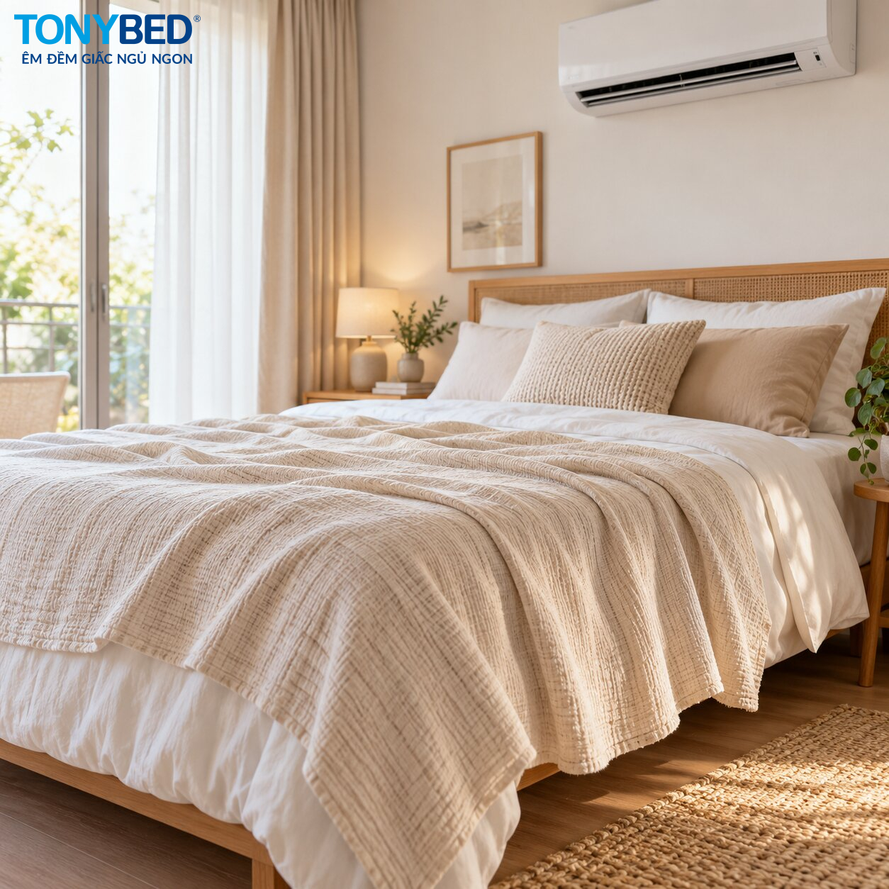 Mền mỏng đắp trong phòng điều hòa với độ ấm phù hợp