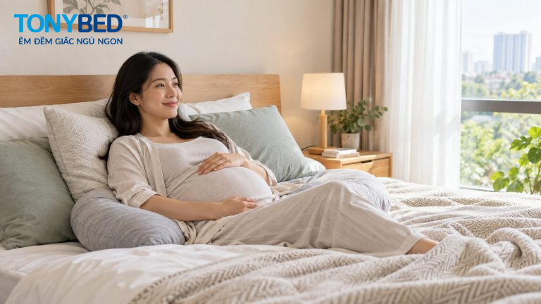 Phụ nữ mang thai ngủ ngon giấc trên chiếc nệm cho bà bầu êm ái của Tonybed