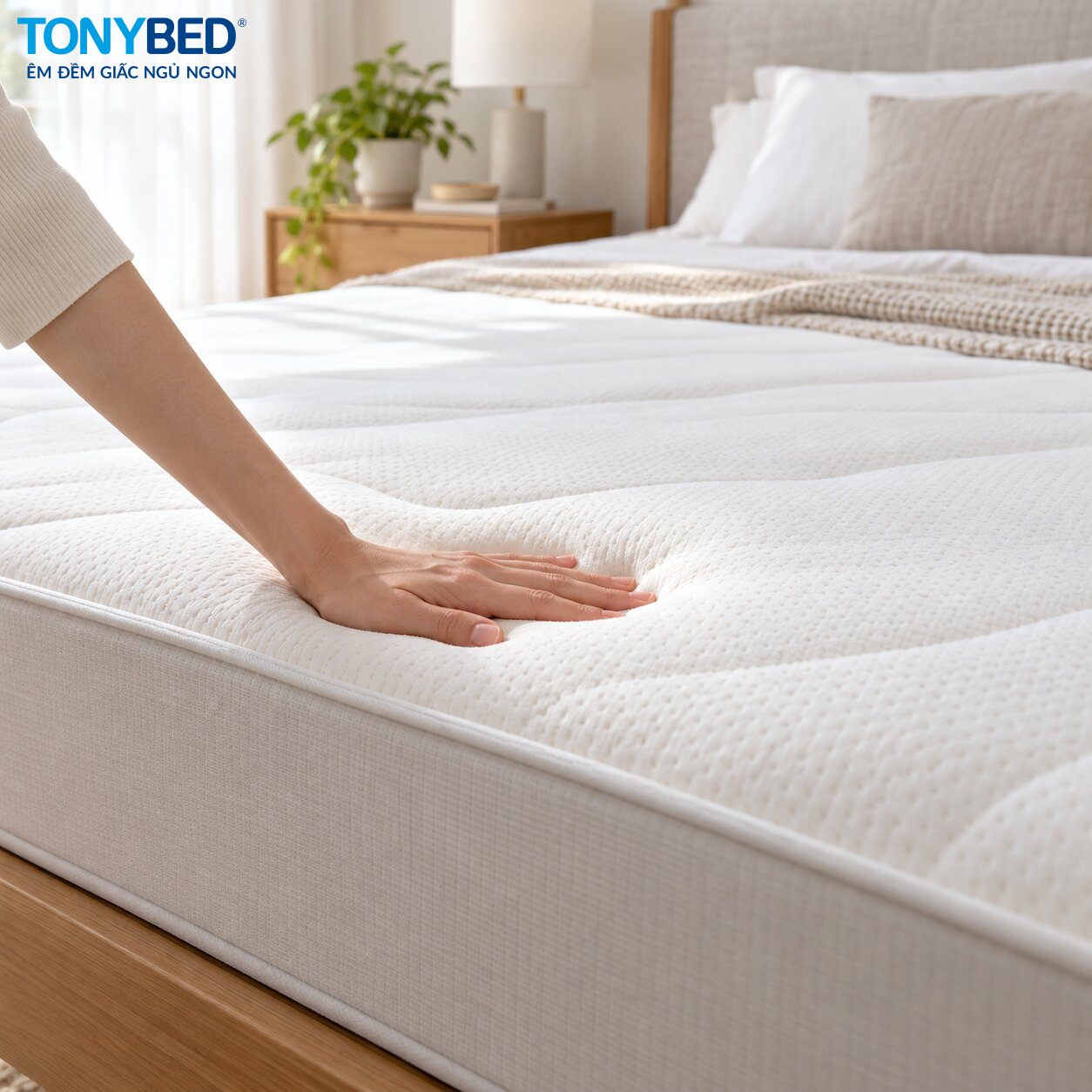 Bàn tay ấn nhẹ lên bề mặt nệm Foam để kiểm tra độ đàn hồi