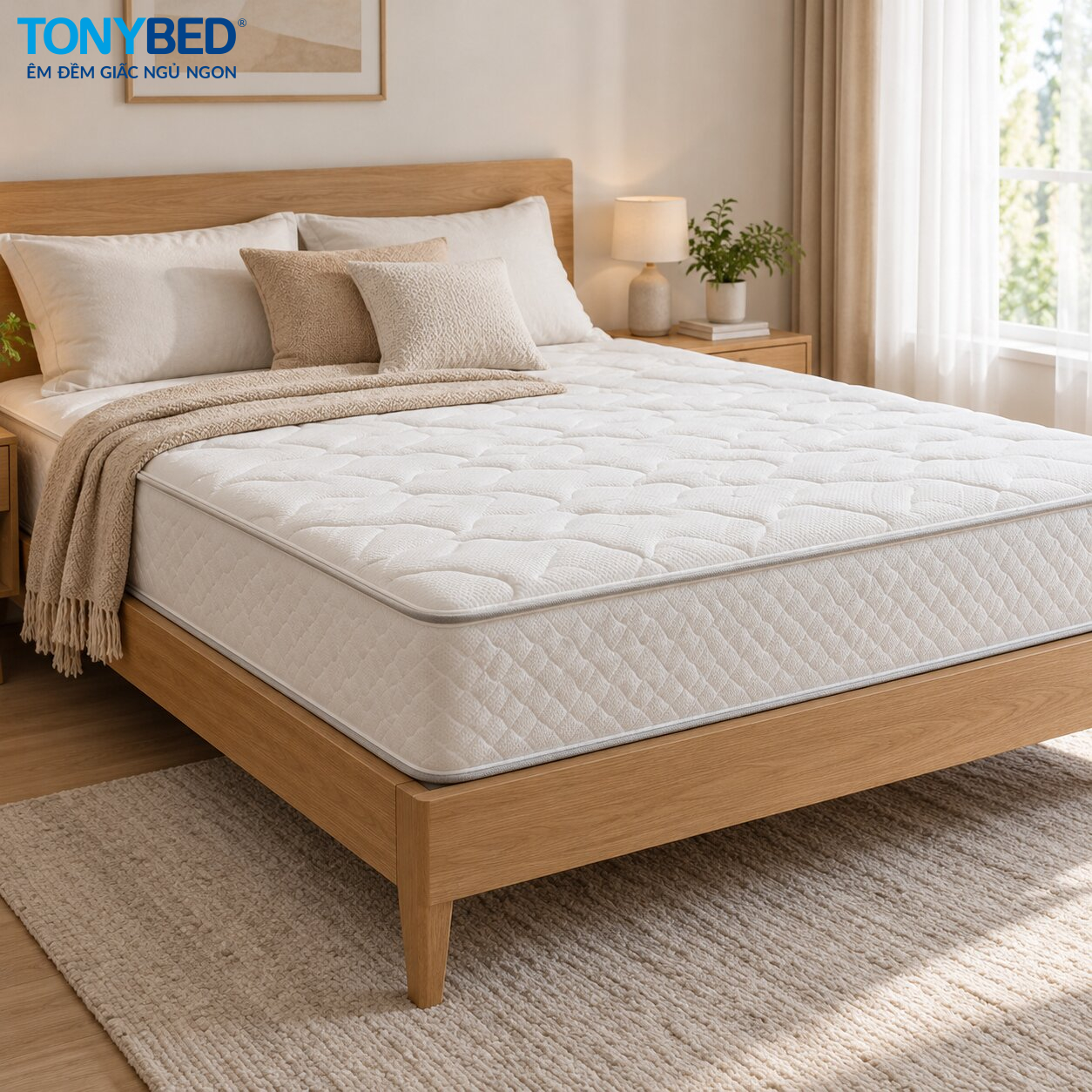 Bề mặt và độ dày nệm Foam Tonybed trong ảnh sản phẩm thực tế