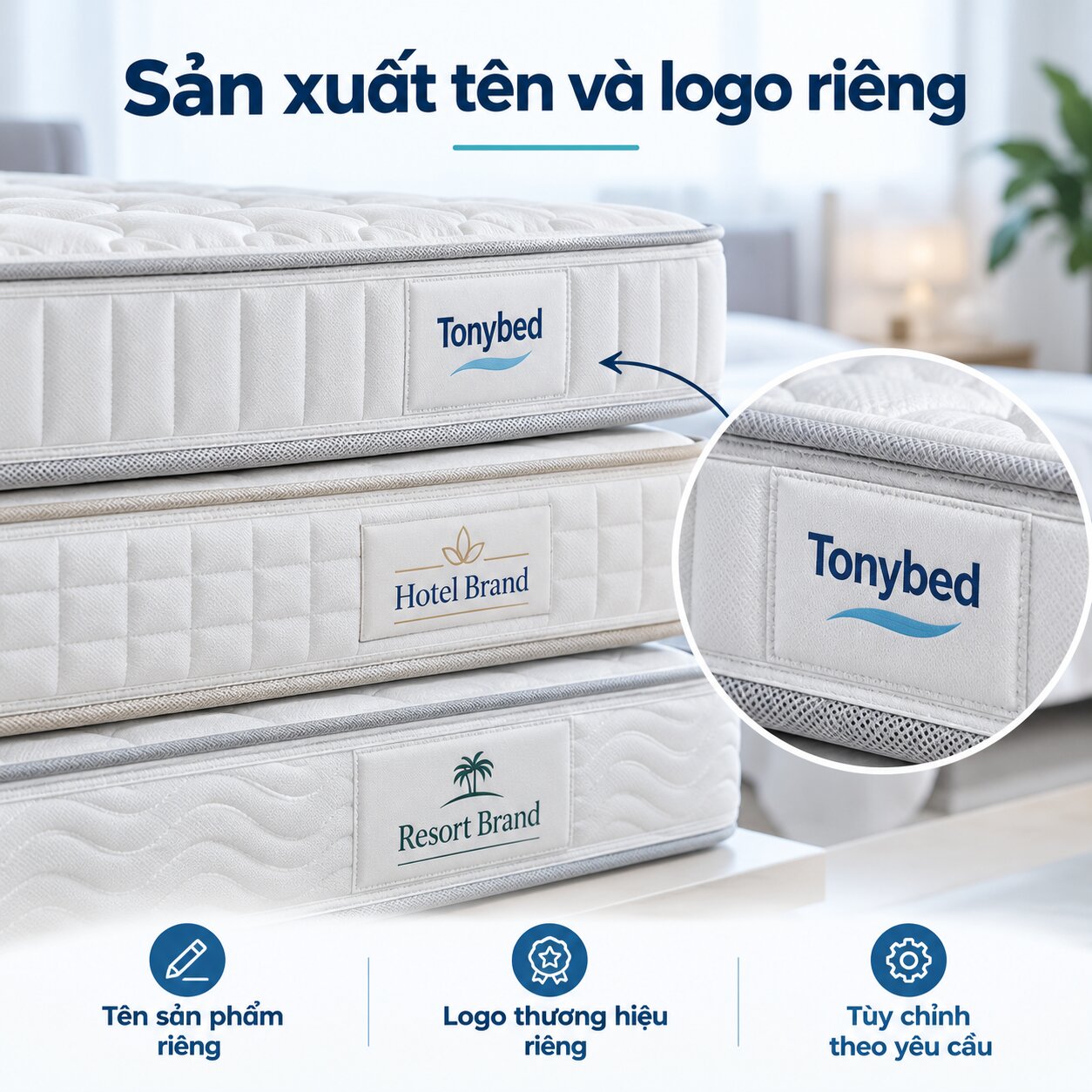 Chi tiết nhãn logo thương hiệu riêng trên nệm khách sạn