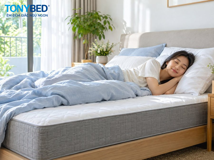 Nệm làm mát trong phòng ngủ thoáng giúp hạn chế cảm giác nóng lưng