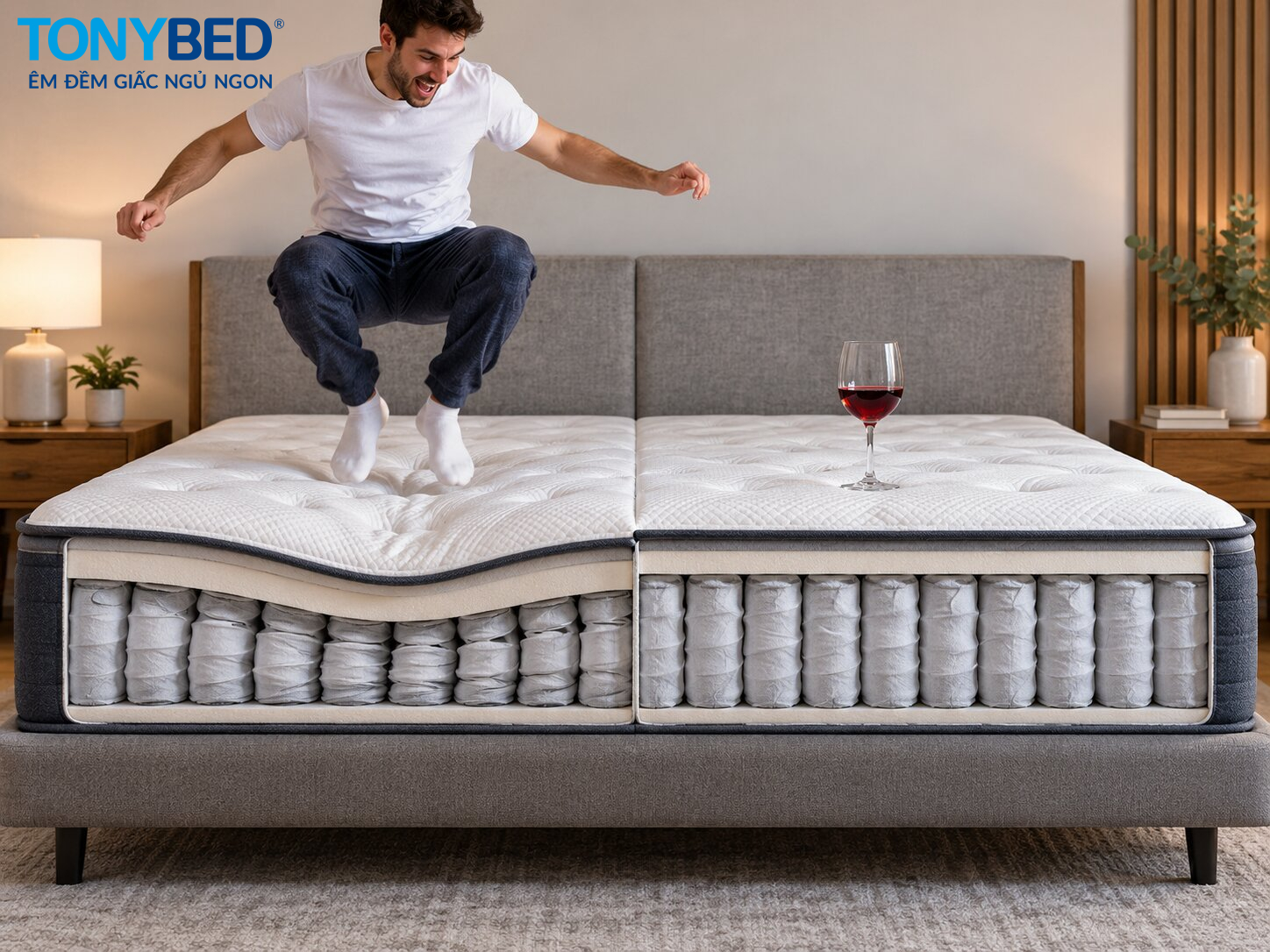Cấu trúc nệm lò xo túi độc lập giúp hạn chế truyền chuyển động khi người bên cạnh trở mình