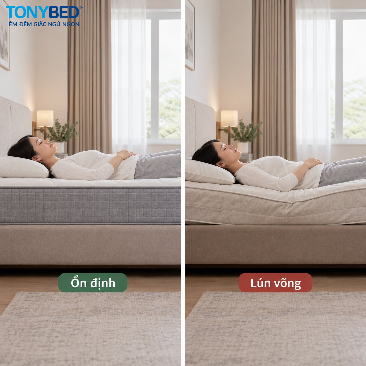 So sánh bề mặt nệm ổn định và nệm bị lún võng