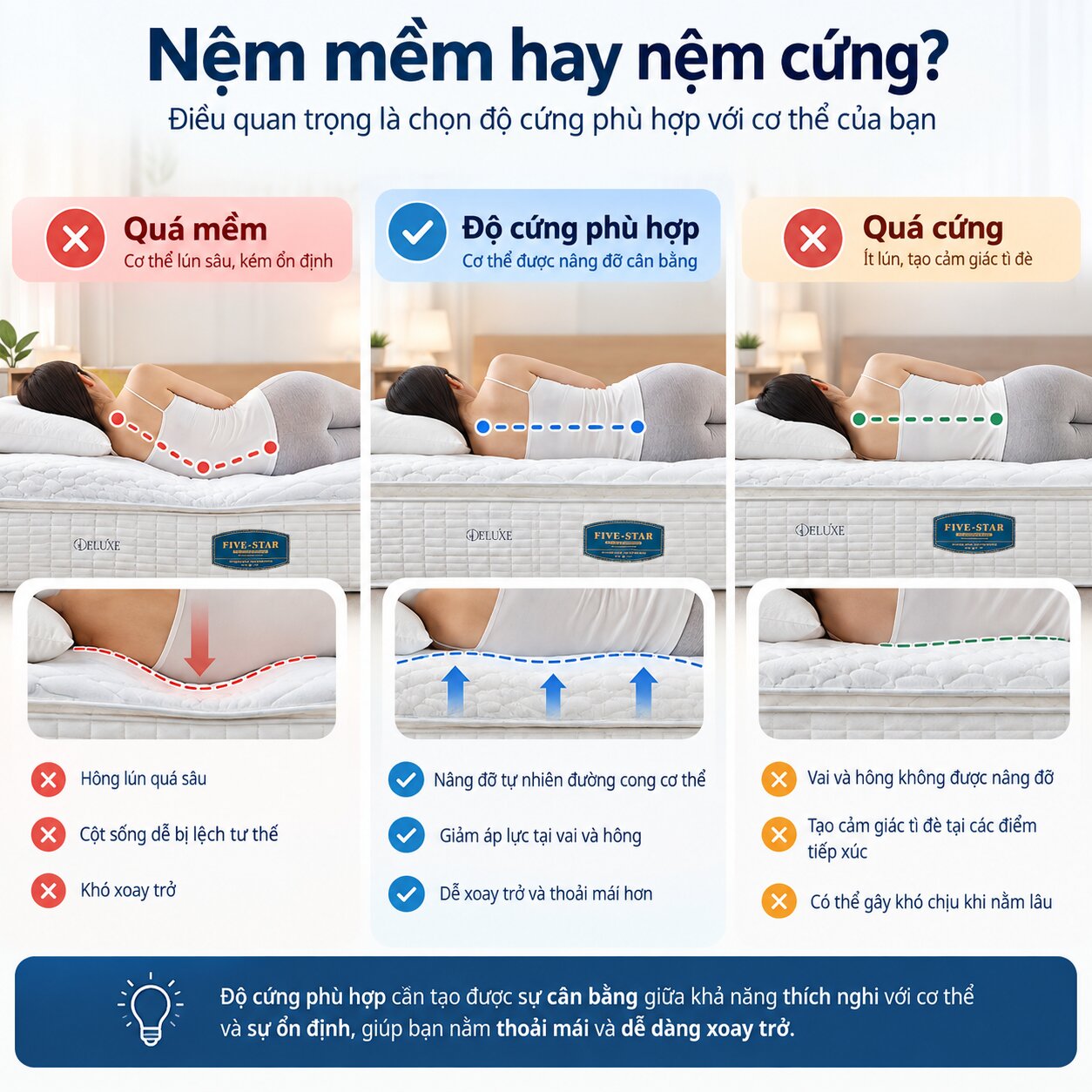 So sánh nệm quá mềm độ cứng phù hợp và nệm quá cứng