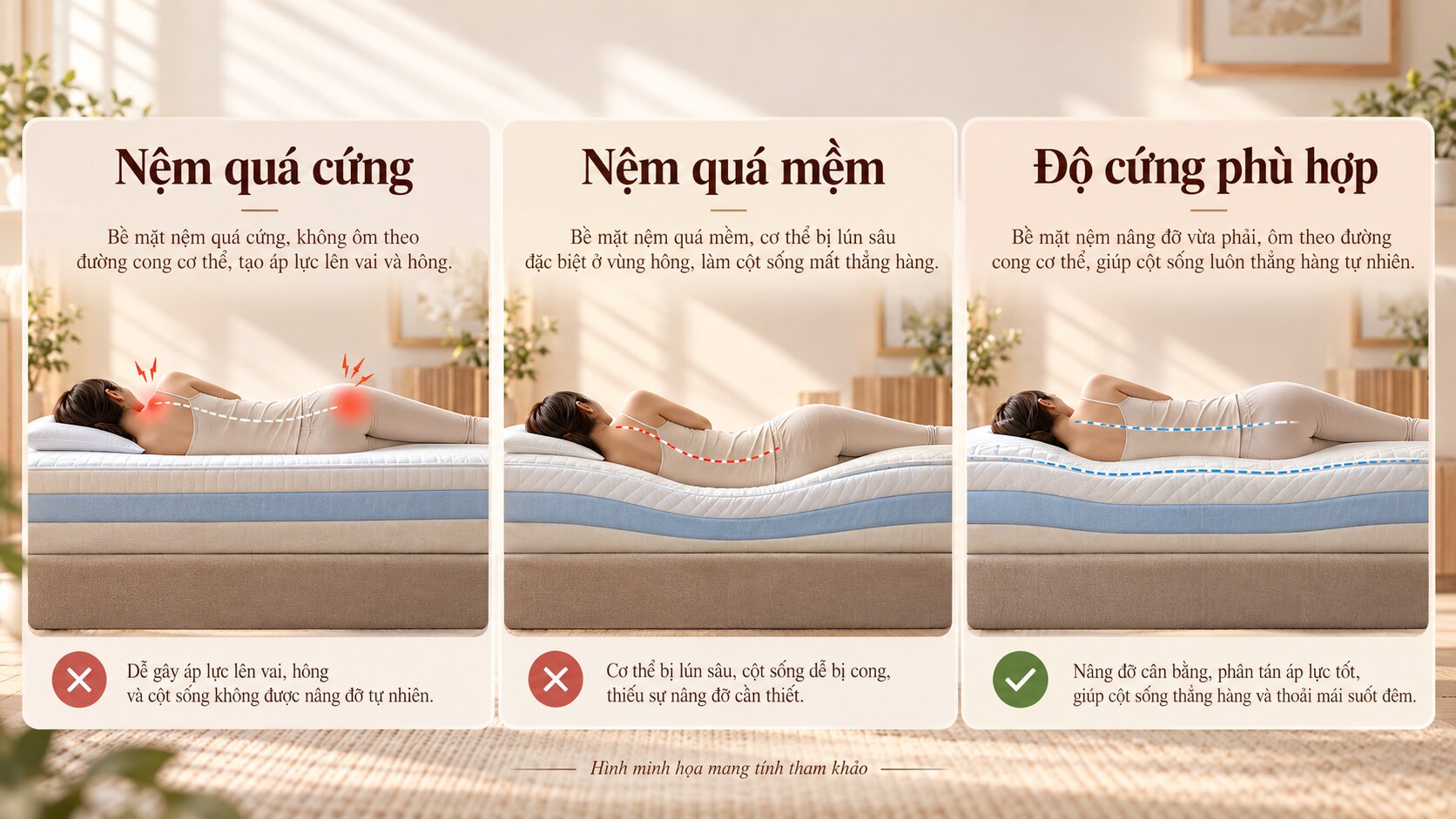 Minh họa độ lún cơ thể trên nệm quá cứng, quá mềm và phù hợp