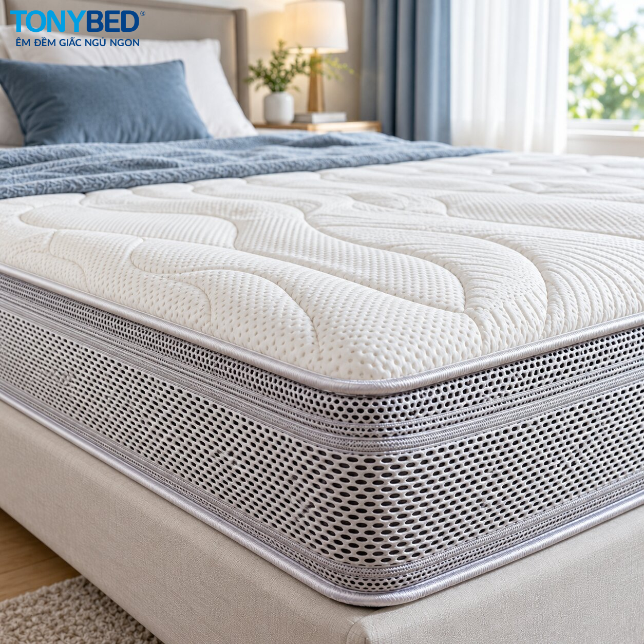 Cận cảnh cấu tạo áo nệm và lưới thoáng khí của nệm Tonybed