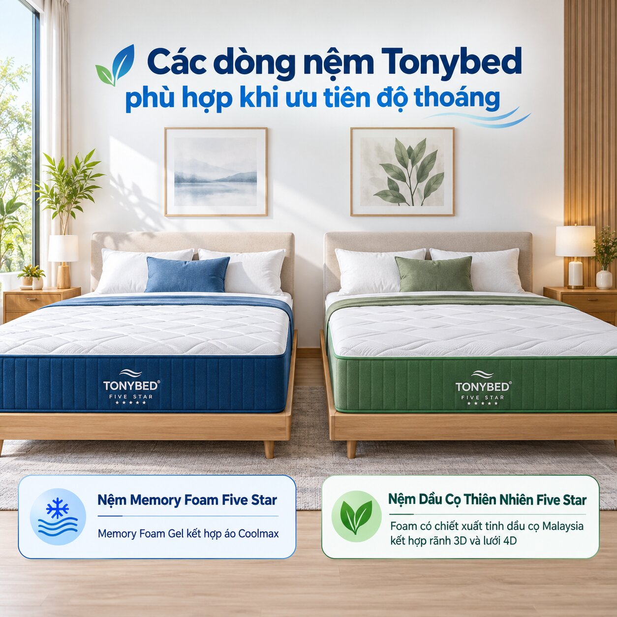 Nệm Memory Foam Five Star và Dầu Cọ Five Star Tonybed có cấu tạo hỗ trợ thông thoáng