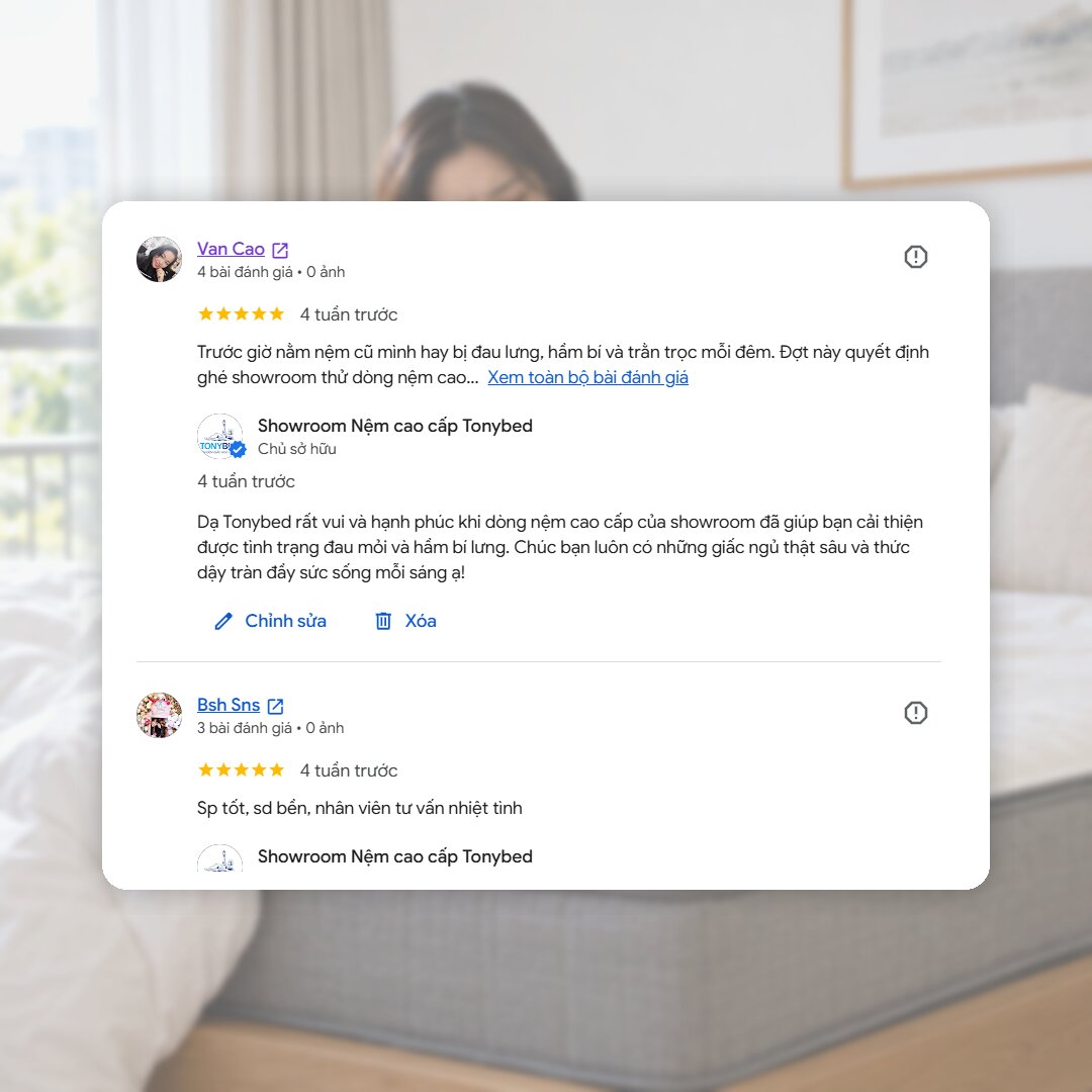Đánh giá Tonybed trên Google Maps về tư vấn và trải nghiệm nệm