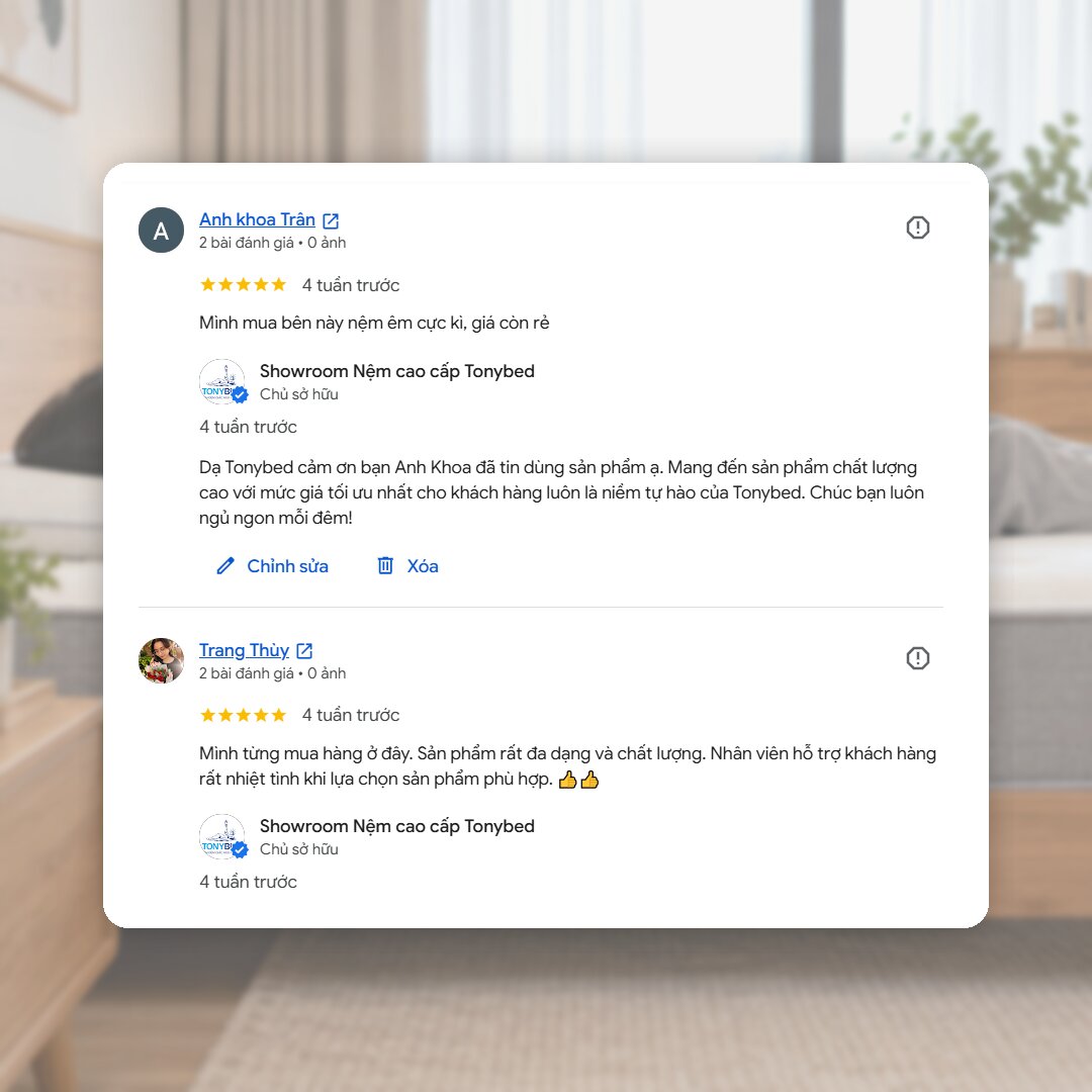 Khách hàng đánh giá nệm Tonybed êm và giá hợp lý trên Google Maps