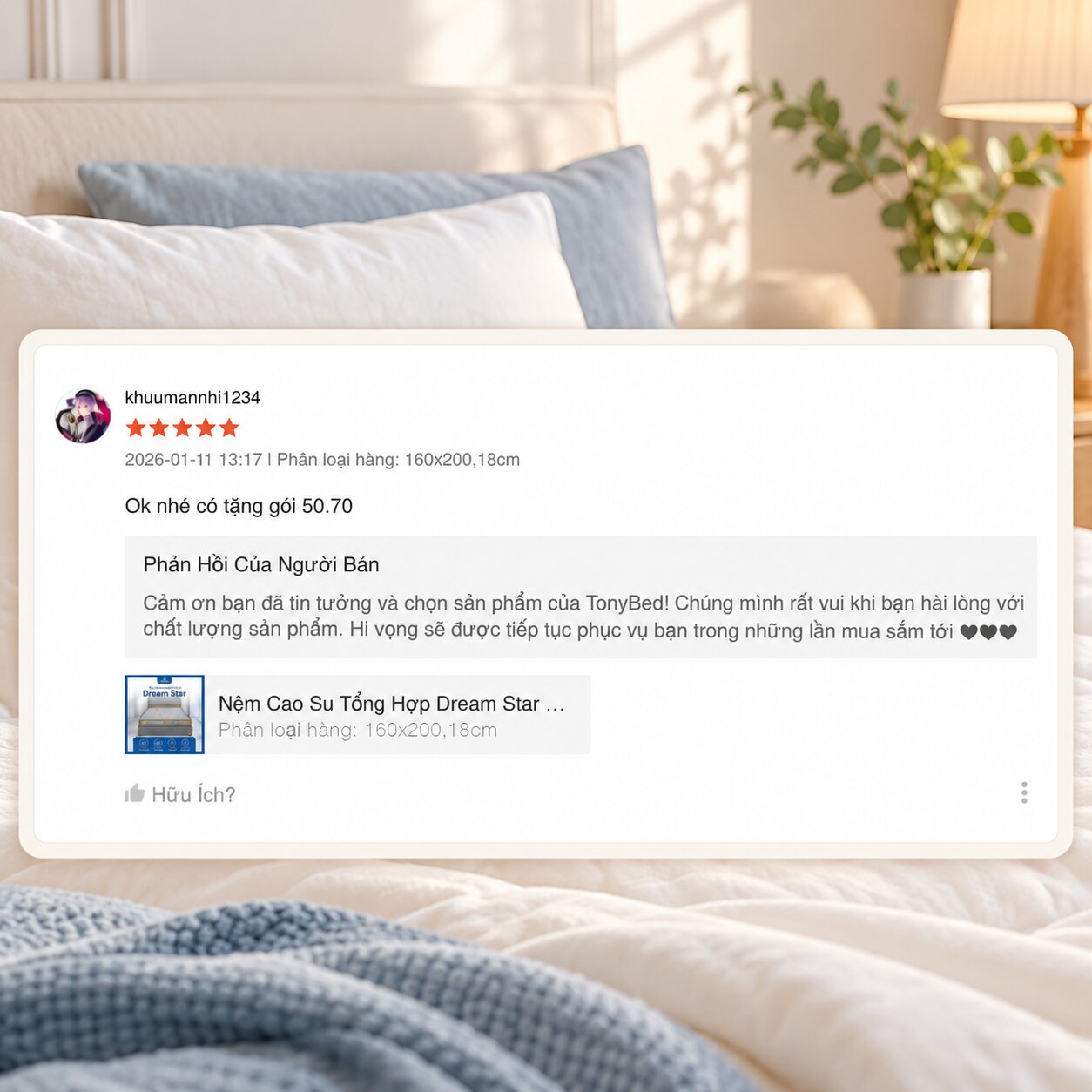 Khách hàng đánh giá nệm Tonybed nằm êm trên Shopee