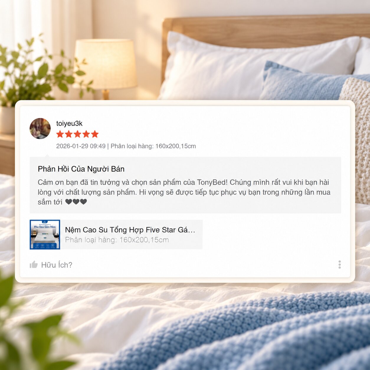Review thực tế nệm Tonybed từ khách hàng Shopee