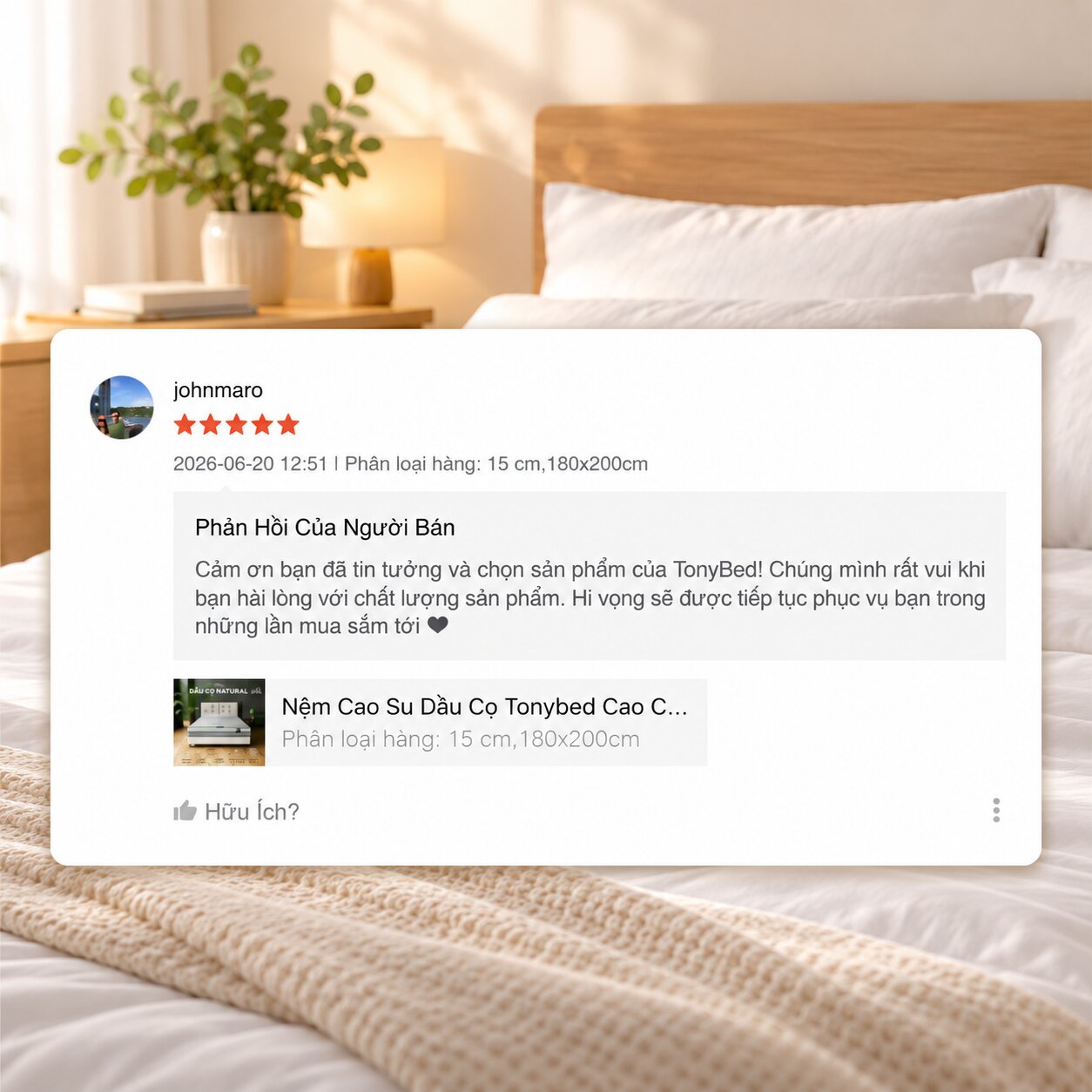 Đánh giá 5 sao sản phẩm nệm Tonybed từ Shopee