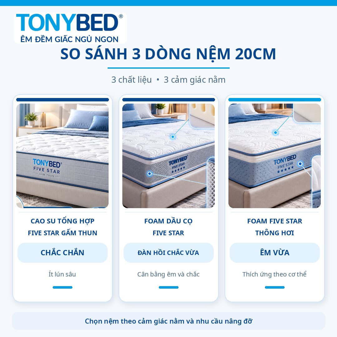 So sánh ba dòng nệm 20cm Tonybed theo cấu tạo và cảm giác nằm