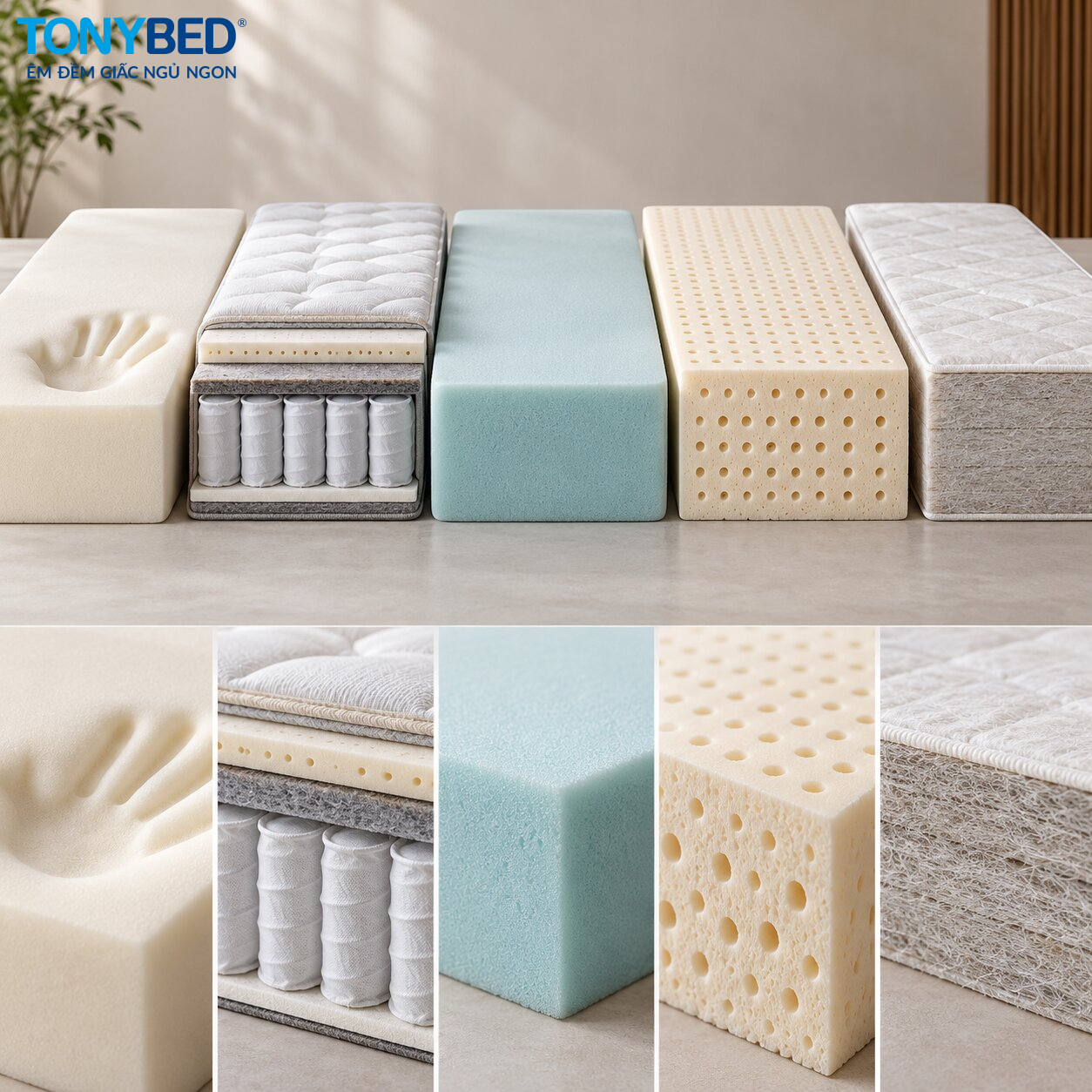 So sánh 5 loại nệm Memory Foam, lò xo túi, PU Foam, cao su và bông ép