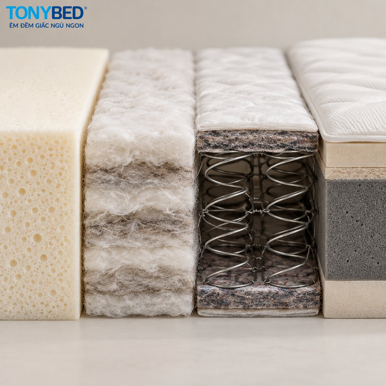 Cấu tạo vật liệu nệm Foam, bông ép, lò xo và cao su tổng hợp