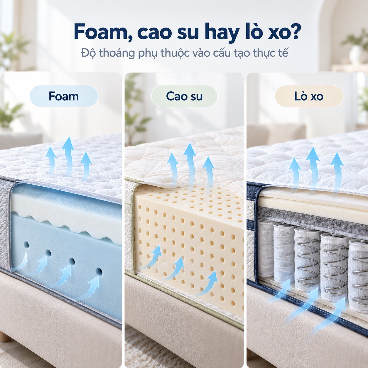 So sánh khả năng thoáng khí của nệm Foam cao su và lò xo