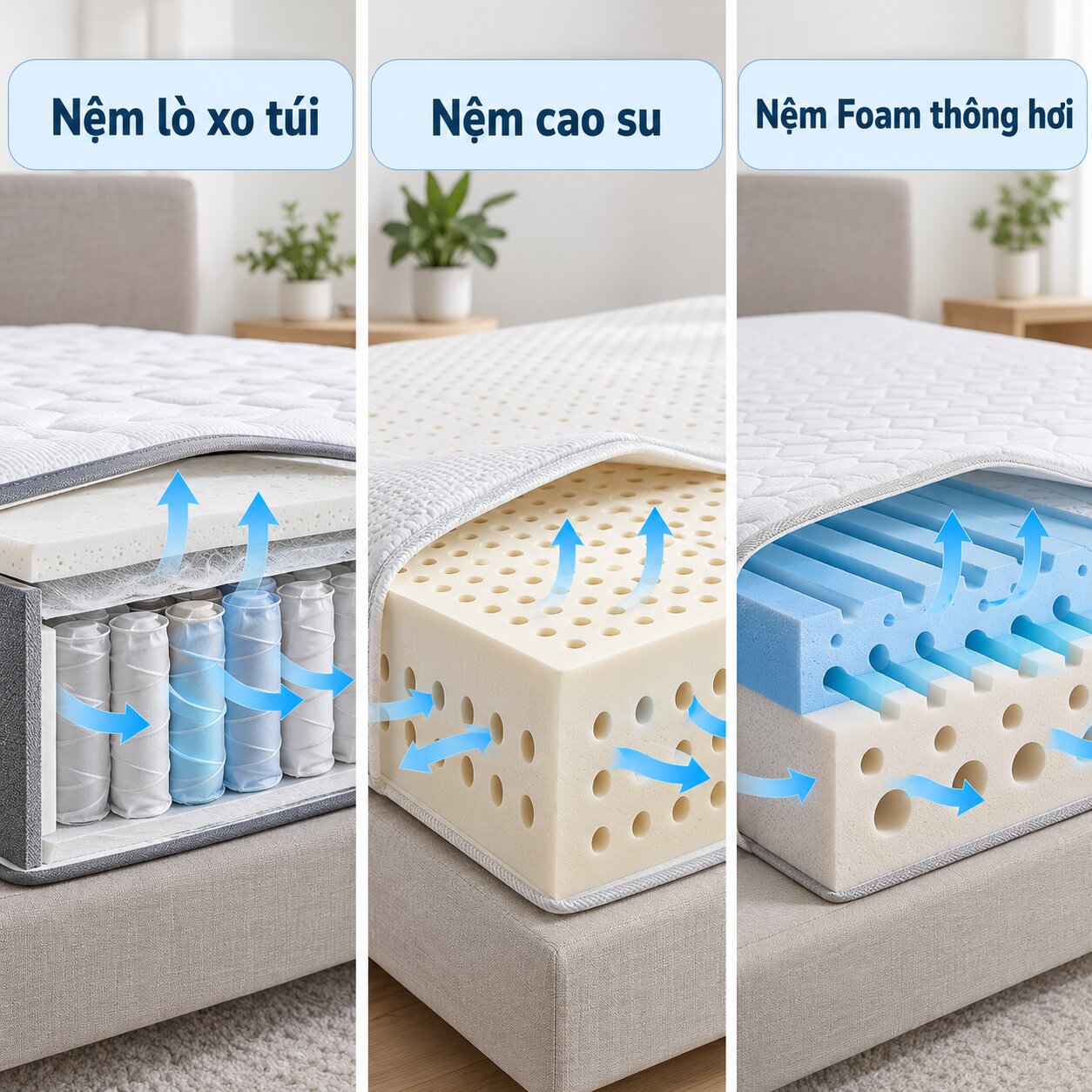 So sánh cấu trúc thông khí của nệm lò xo túi, cao su và Foam