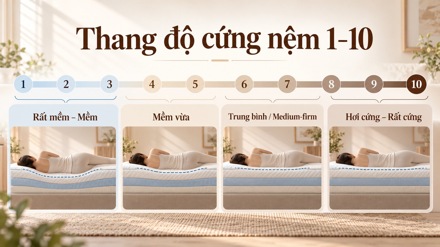 Thang độ cứng nệm tham khảo từ 1 đến 10, từ mềm đến rất cứng