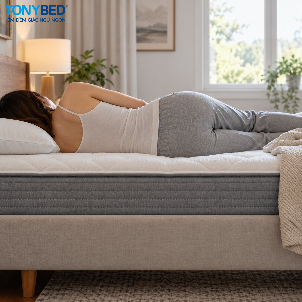 Người nằm nghiêng trên nệm minh họa vùng nâng đỡ vai, hông và lưng