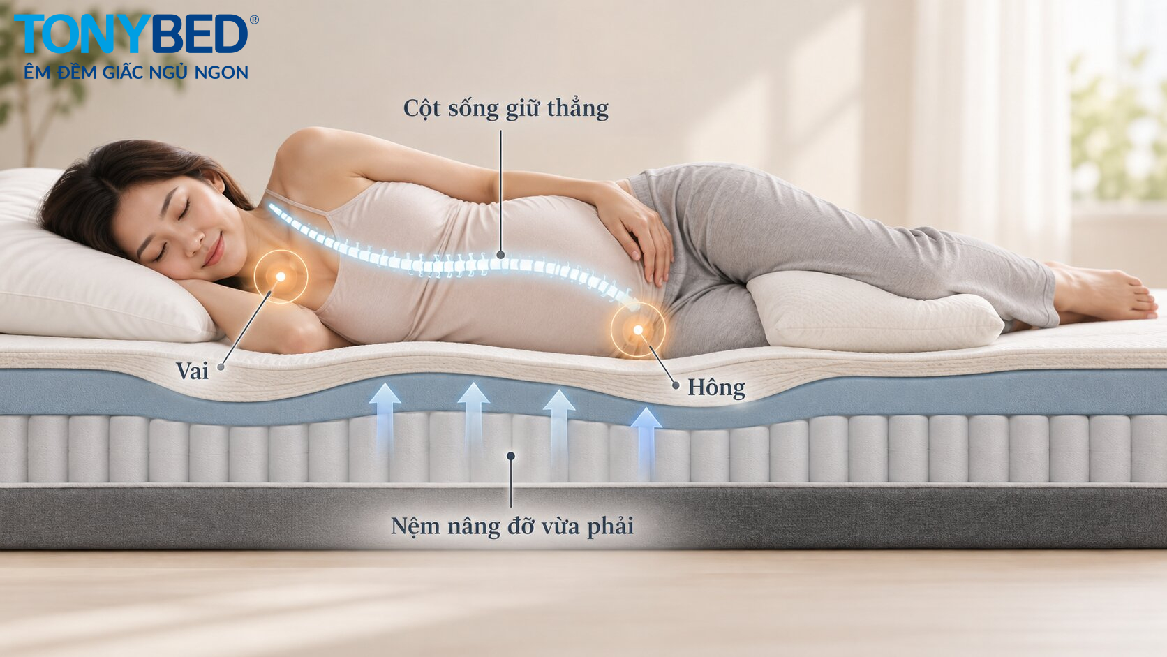 cột sống được nâng đỡ khi bà bầu nằm nghiêng trên nệm có độ êm phù hợp