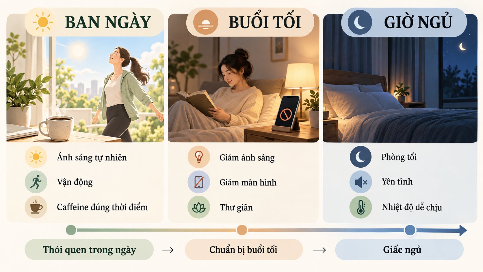 Vệ sinh giấc ngủ từ ban ngày, buổi tối đến giờ ngủ
